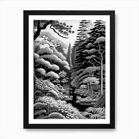 Portland Japanese Garden, 1, Usa Linocut Black And White Vintage Art Print