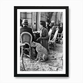 Cheetah At The Cafe, Lady With Ocelot, Vintage Black and White Old Photo Art Print