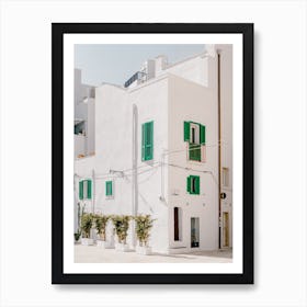 White House With Green Shutters in Monopoli, Puglia, Italy - architecture and travel photography Art Print