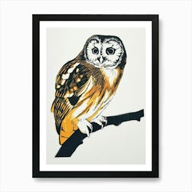 Northern Saw Whet Owl Linocut Blockprint 1 Art Print
