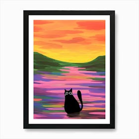 Cute Cat In Colourful Lake Painting Art Print