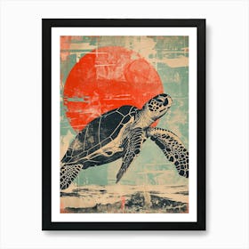 Sea Turtle In The Red Sunset 2 Art Print