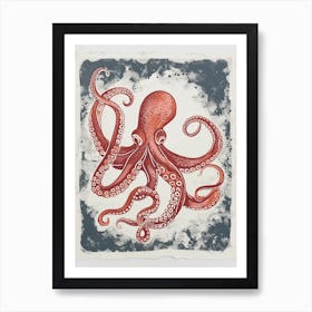 Red Octopus Deep In The Ocean Linocut Style Art Print