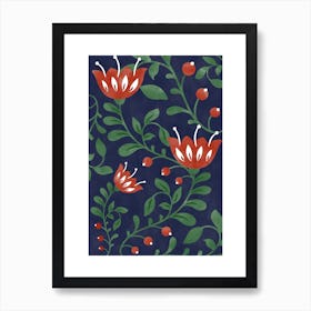 Red Flowers On A Blue Background Art Print