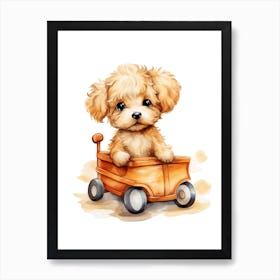 Puppy On A Toy Car, Watercolour Nursery 2 Art Print