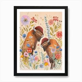Folksy Floral Animal Drawing Bison 3 Art Print