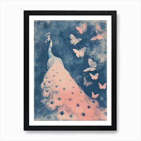 Pink & Blue Peacock Cyanotype Inspired With Butterflies 2 Poster