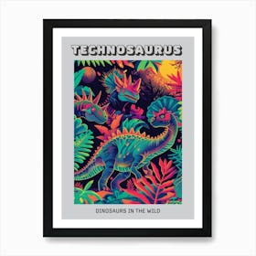 Abstract Neon Dinosaurs In Jurassic Landscape 2 Poster Art Print
