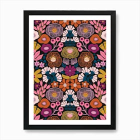 Modern Botanical Folk Art Damask Pink, Magenta, Blue, Gold, Orange Art Print