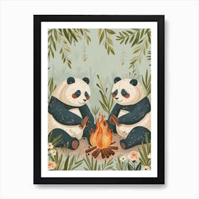 Giant Panda Two Bears Sitting Together By A Campfire Storybook Illustration 4 Art Print