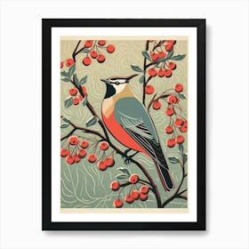 Vintage Bird Linocut Cedar Waxwing 1 Art Print