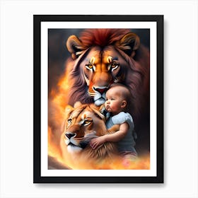 fire lion and baby girl Art Print