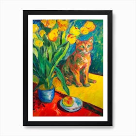 Daffodils With A Cat 3 Fauvist Style Painting Art Print