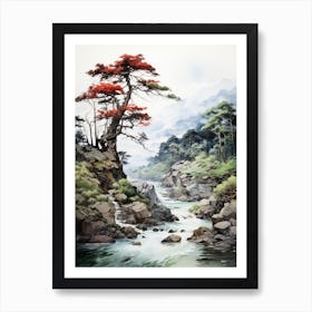 Iya Valley In Tokushima, Japanese Brush Painting, Ukiyo E, Minimal 3 Art Print