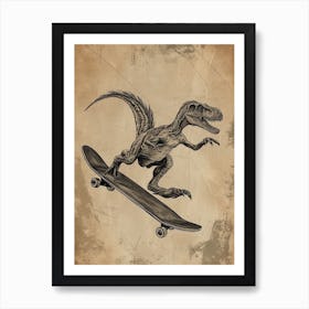 Vintage Protarchaeopteryx Dinosaur On A Skateboard  1 Art Print