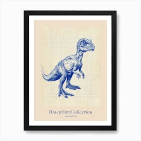 Utahraptor Dinosaur Blue Print Sketch 2 Poster Art Print
