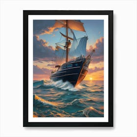 Sailing Ship At Sunset Art Print