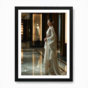 Asian Woman Stands Poised In A Luxurious Fashion Ensemble Contrasting Traditional Elements With Hig (7) Art Print