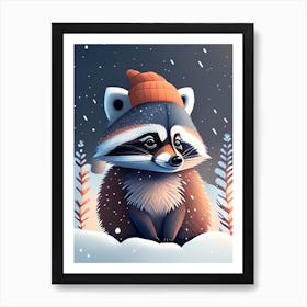 Raccoon With Orange Beanie In The Snow Art Print