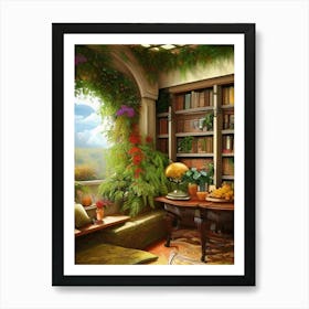 Room Interior Library Books Bookshelves Reading Literature Study Fiction Old Manor Book Nook Reading Nook Plants Green Thumb Art Print