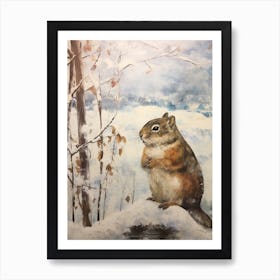 Vintage Winter Animal Painting Chipmunk 1 Art Print