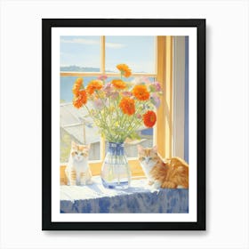 Cat With Daises Flowers Watercolor Mothers Day Valentines 7 Art Print