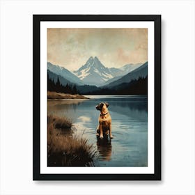 Dog enjoying serenity of the Lake in Mountain range Art Print