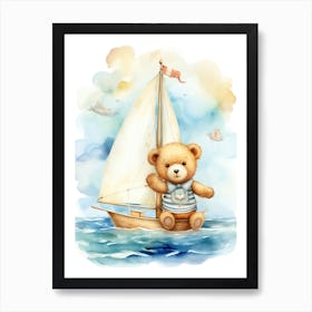 Sailing Teddy Bear Painting Watercolour 3 Art Print
