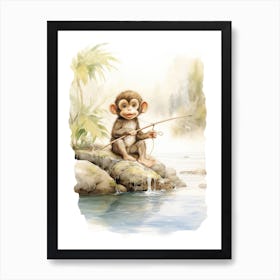 Monkey Painting Fishing Watercolour 3 Art Print