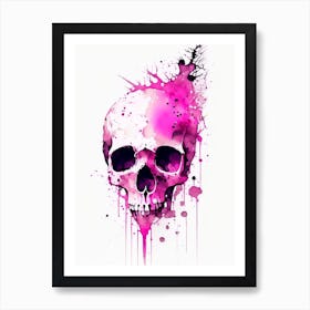 Skull With Watercolor Or Splatter Effects 2 Pink Line Drawing Art Print