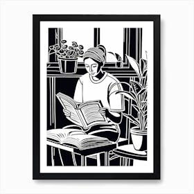 Lino cut Inspired black and white Reading In the Garden Art, Garden Girl Art, Gardening reading, 241 Art Print