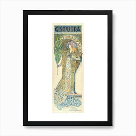 "Gismonda" Art Nouveau Poster 1894 by Alphonse Mucha Art Print ~ Original vintage edition of promotional poster for the play Gismonda, which starred Sarah Bernhardt. Mucha's design is iconic, featuring Sarah Bernhardt in the role of Gismonda, with a highly decorative and ornate style typical of Mucha's work, which became a hallmark of the Art Nouveau movement Art Print