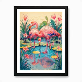 Flamingos In The Pond Art Print