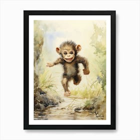 Monkey Painting Running Watercolour 1 Art Print