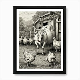 Cow And Chickens Art Print