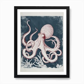 Linocut Inspired Navy Red Octopus With Coral 6 Art Print