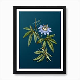 Vintage Blue Passionflower Botanical Art on Teal Blue n.0482 Art Print