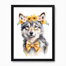 Baby Wolf Flower Crown Bowties Woodland Animal Nursery Decor (15) Art Print