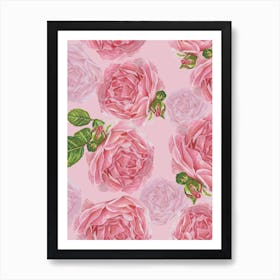 Beautiful Pink Hand Drawn Watercolor Roses Pattern Art Print