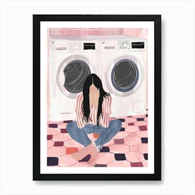 Illustration Of A Woman Sitting In Front Of A Washing Machine Art Print