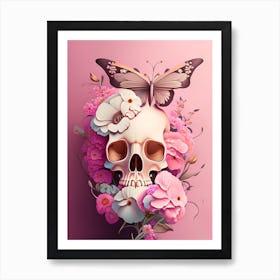 Skull With Butterfly 3 Motifs Pink Vintage Floral Art Print