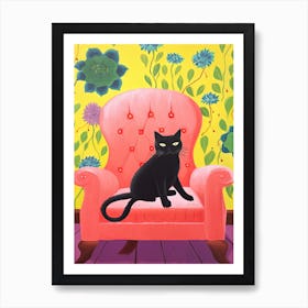 Cute Black Cat Sitting In Pink Armchair Art Print