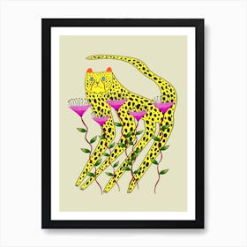 Cheetah And Purple Flowers Art Print