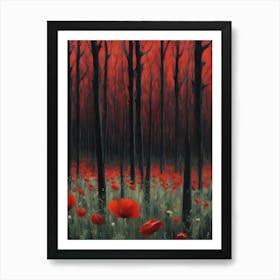 Darkling Red Poppy Woods ~ Dark Aesthetic Spooky Creepy Beautiful Forest Painting by Sarah Valentine Art Print