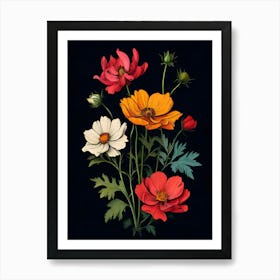 Colorful Flowers On Black Background Art Print