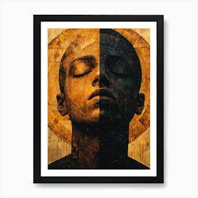 Abstract Duality Portrait – Textured Geometric Art With Golden Halo Art Print