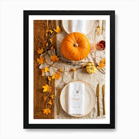 Autumn Themed Dinner Table Centerpiece Of Intertwined Golden Orange Pumpkin Vines Scattered Leaves Art Print