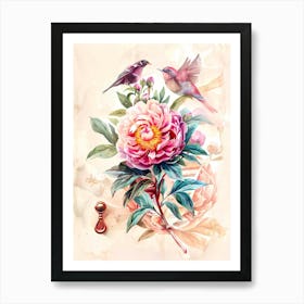 Peonies And Birds 1 Art Print