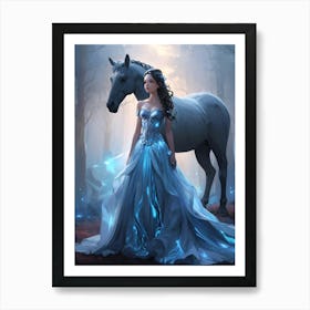 Girl And Black Horse 1 Art Print