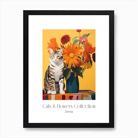 Cats & Flowers Collection Zinnia Flower Vase And A Cat, A Painting In The Style Of Matisse 0 Art Print